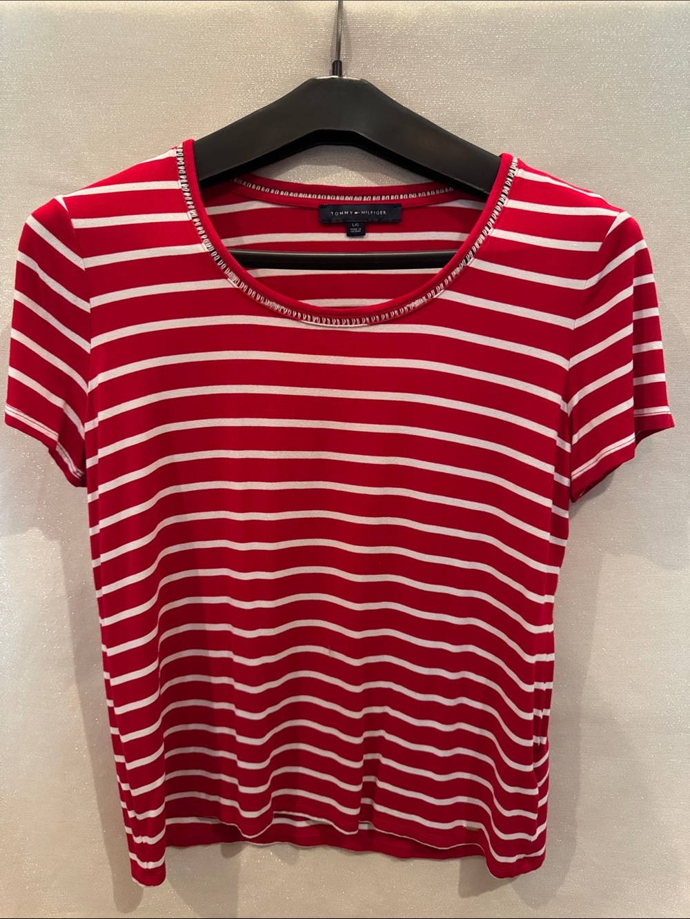 Tommy Hilfiger Red and White Striped Short Sleeve Tee